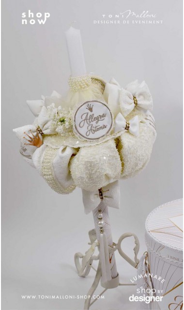 Lumanare botez cu aplicatii perle si broderie Artemis 3